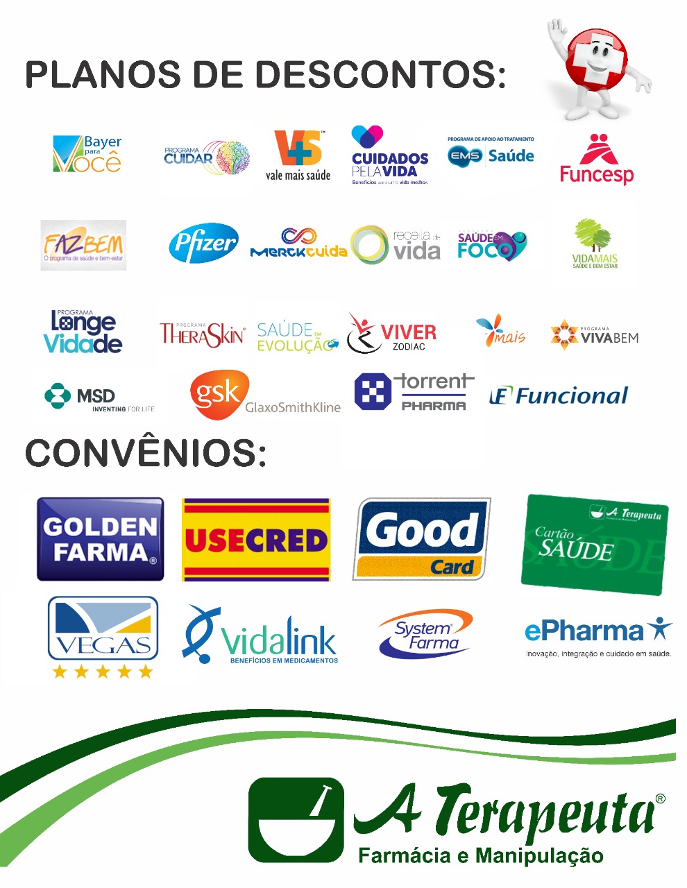 Planos de descontos com logos de convênios e programas de saúde parceiros
